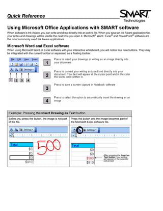 Quick Reference
Using Microsoft Office Applications with SMART software
When software is Ink Aware, you can write and draw directly into an active file. When you save an Ink Aware application file,
your notes and drawings will be visible the next time you open it. Microsoft®
Word, Excel®
and PowerPoint®
software are
the most commonly used Ink Aware applications.
Microsoft Word and Excel software
When using Microsoft Word or Excel software with your interactive whiteboard, you will notice four new buttons. They may
be integrated with the current toolbar or separated as a floating toolbar.
Example: Pressing the Insert Drawing as Text button
Before you press the button, the image is not part
of the file.
Press the button and the image becomes part of
the Microsoft Excel software file.
After pressing the Insert as
Text button, your writing
will appear in the selected
cell as text.
 
