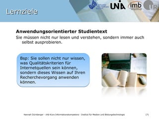 Lernziele

  Anwendungsorientierter Studientext
  Sie müssen nicht nur lesen und verstehen, sondern immer
  auch selbst ausprobieren.



    Bsp: Sie sollen nicht nur wissen,
    was Qualitätskriterien für
    Internetquellen sein können,
    sondern dieses Wissen auf Ihren
    Recherchevorgang anwenden
    können.




    Hannah Dürnberger · vhb-Kurs Informationskompetenz · Institut für Medien und Bildungstechnologie   (7)
 
