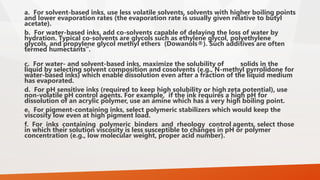 a. For solvent-based inks, use less volatile solvents, solvents with higher boiling points
and lower evaporation rates (the evaporation rate is usually given relative to butyl
acetate).
b. For water-based inks, add co-solvents capable of delaying the loss of water by
hydration. Typical co-solvents are glycols such as ethylene glycol, polyethylene
glycols, and propylene glycol methyl ethers (Dowanols®). Such additives are often
termed humectants”.
c. For water- and solvent-based inks, maximize the solubility of solids in the
liquid by selecting solvent composition and cosolvents (e.g., N-methyl pyrrolidone for
water-based inks) which enable dissolution even after a fraction of the liquid medium
has evaporated.
d. For pH sensitive inks (required to keep high solubility or high zeta potential), use
non-volatile pH control agents. For example, if the ink requires a high pH for
dissolution of an acrylic polymer, use an amine which has a very high boiling point.
e. For pigment-containing inks, select polymeric stabilizers which would keep the
viscosity low even at high pigment load.
f. For inks containing polymeric binders and rheology control agents, select those
in which their solution viscosity is less susceptible to changes in pH or polymer
concentration (e.g., low molecular weight, proper acid number).
 