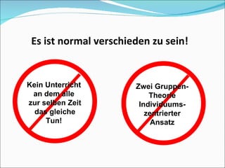 Zwei Gruppen-Theorie Individuums-zentrierter Ansatz Kein Unterricht  an dem alle  zur selben Zeit das gleiche Tun!  Es ist normal verschieden zu sein! 
