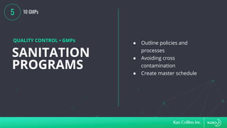 SANITATION
PROGRAMS
QUALITY CONTROL • GMPs
● Outline policies and
processes
● Avoiding cross
contamination
● Create master schedule
5 10 GMPs
 