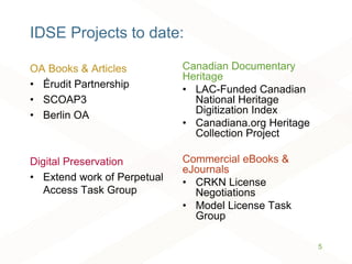 IDSE Projects to date:
OA Books & Articles
• Érudit Partnership
• SCOAP3
• Berlin OA
Digital Preservation
• Extend work of...