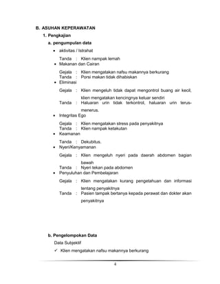 B. ASUHAN KEPERAWATAN
1. Pengkajian
a. pengumpulan data
• aktivitas / Istrahat
Tanda : Klien nampak lemah
• Makanan dan Cairan
Gejala : Klien mengatakan nafsu makannya berkurang
Tanda : Porsi makan tidak dihabiskan
• Eliminasi
Gejala : Klien mengeluh tidak dapat mengontrol buang air kecil,
Tanda

klien mengatakan kencingnya keluar sendiri
: Haluaran urin tidak terkontrol, haluaran urin terus-

menerus.
• Integritas Ego
Gejala : Klien mengatakan stress pada penyakitnya
Tanda : Klien nampak ketakutan
• Keamanan
Tanda : Dekubitus.
• Nyeri/Kenyamanan
Gejala : Klien mengeluh nyeri pada daerah abdomen bagian
bawah
Tanda : Nyeri tekan pada abdomen
• Penyuluhan dan Pembelajaran
Gejala : Klien mengatakan kurang pengetahuan dan informasi
Tanda

tentang penyakitnya
: Pasien tampak bertanya kepada perawat dan dokter akan
penyakitnya

b. Pengelompokan Data
Data Subjektif
 Klien mengatakan nafsu makannya berkurang
4

 