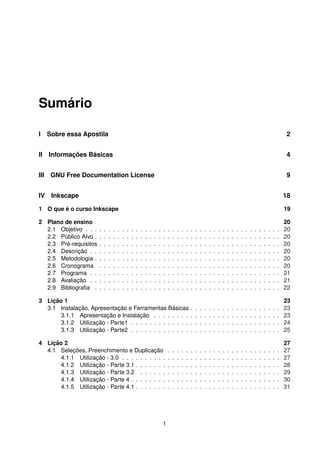 Sumário
I Sobre essa Apostila 2
II Informações Básicas 4
III GNU Free Documentation License 9
IV Inkscape 18
1 O que é o curso Inkscape 19
2 Plano de ensino 20
2.1 Objetivo . . . . . . . . . . . . . . . . . . . . . . . . . . . . . . . . . . . . . . . . . . . 20
2.2 Público Alvo . . . . . . . . . . . . . . . . . . . . . . . . . . . . . . . . . . . . . . . . . 20
2.3 Pré-requisitos . . . . . . . . . . . . . . . . . . . . . . . . . . . . . . . . . . . . . . . . 20
2.4 Descrição . . . . . . . . . . . . . . . . . . . . . . . . . . . . . . . . . . . . . . . . . . 20
2.5 Metodologia . . . . . . . . . . . . . . . . . . . . . . . . . . . . . . . . . . . . . . . . . 20
2.6 Cronograma . . . . . . . . . . . . . . . . . . . . . . . . . . . . . . . . . . . . . . . . 20
2.7 Programa . . . . . . . . . . . . . . . . . . . . . . . . . . . . . . . . . . . . . . . . . . 21
2.8 Avaliação . . . . . . . . . . . . . . . . . . . . . . . . . . . . . . . . . . . . . . . . . . 21
2.9 Bibliograﬁa . . . . . . . . . . . . . . . . . . . . . . . . . . . . . . . . . . . . . . . . . 22
3 Lição 1 23
3.1 Instalação, Apresentação e Ferramentas Básicas . . . . . . . . . . . . . . . . . . . . 23
3.1.1 Apresentação e Instalação . . . . . . . . . . . . . . . . . . . . . . . . . . . . 23
3.1.2 Utilização - Parte1 . . . . . . . . . . . . . . . . . . . . . . . . . . . . . . . . . 24
3.1.3 Utilização - Parte2 . . . . . . . . . . . . . . . . . . . . . . . . . . . . . . . . . 25
4 Lição 2 27
4.1 Seleções, Preenchimento e Duplicação . . . . . . . . . . . . . . . . . . . . . . . . . 27
4.1.1 Utilização - 3.0 . . . . . . . . . . . . . . . . . . . . . . . . . . . . . . . . . . . 27
4.1.2 Utilização - Parte 3.1 . . . . . . . . . . . . . . . . . . . . . . . . . . . . . . . . 28
4.1.3 Utilização - Parte 3.2 . . . . . . . . . . . . . . . . . . . . . . . . . . . . . . . 29
4.1.4 Utilização - Parte 4 . . . . . . . . . . . . . . . . . . . . . . . . . . . . . . . . . 30
4.1.5 Utilização - Parte 4.1 . . . . . . . . . . . . . . . . . . . . . . . . . . . . . . . . 31
1
 