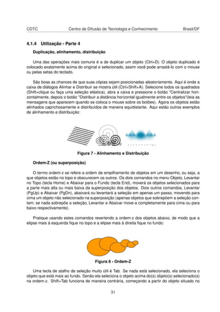 CDTC Centro de Difusão de Tecnologia e Conhecimento Brasil/DF
4.1.4 Utilização - Parte 4
Duplicação, alinhamento, distribuição
Uma das operações mais comuns é a de duplicar um objeto (Ctrl+D). O objeto duplicado é
colocado exatamente acima do original e selecionado, assim você pode arrastá-lo com o mouse
ou pelas setas do teclado.
São boas as chances de que suas cópias sejam posicionadas aleatoriamente. Aqui é onde a
caixa de diálogos Alinhar e Distribuir se mostra útil (Ctrl+Shift+A). Selecione todos os quadrados
(Shift+clique ou faça uma seleção elástica), abra a caixa e pressione o botão "Centralizar hori-
zontalmente, depois o botão "Distribuir a distância horizontal igualmente entre os objetos"(leia as
mensagens que aparecem quando se coloca o mouse sobre os botões). Agora os objetos estão
alinhados caprichosamente e distribuídos de maneira equidistante. Aqui estão outros exemplos
de alinhamento e distribuição:
Figura 7 - Alinhamento e Distribuição
Ordem-Z (ou superposição)
O termo ordem-z se refere a ordem de empilhamento de objetos em um desenho, ou seja, a
que objetos estão no topo e obscurecem os outros. Os dois comandos no menu Objeto, Levantar
no Topo (tecla Home) e Abaixar para o Fundo (tecla End), moverá os objetos selecionados para
a parte mais alta ou mais baixa da superposição dos objetos. Dois outros comandos, Levantar
(PgUp) e Abaixar (PgDn), abaixará ou levantará a seleção em apenas um passo, movendo para
cima um objeto não selecionado na superposição (apenas objetos que sobrepõem a seleção con-
tam; se nada sobrepõe a seleção, Levantar e Abaixar move-a completamente para cima ou para
baixo respectivamente).
Pratique usando estes comandos revertendo a ordem-z dos objetos abaixo, de modo que a
elipse mais à esquerda ﬁque no topo e a elipse mais à direita ﬁque no fundo:
Figura 8 - Ordem-Z
Uma tecla de atalho de seleção muito útil é Tab. Se nada está selecionado, ela seleciona o
objeto que está mais ao fundo. Senão ela seleciona o objeto acima do(s) objeto(s) selecionado(s)
na ordem-z. Shift+Tab funciona de maneira contrária, começando a partir do objeto situado no
31
 