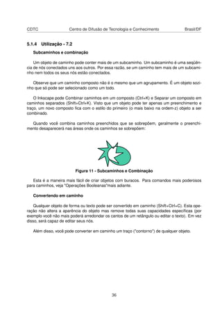 CDTC Centro de Difusão de Tecnologia e Conhecimento Brasil/DF
5.1.4 Utilização - 7.2
Subcaminhos e combinação
Um objeto de caminho pode conter mais de um subcaminho. Um subcaminho é uma seqüên-
cia de nós conectados uns aos outros. Por essa razão, se um caminho tem mais de um subcami-
nho nem todos os seus nós estão conectados.
Observe que um caminho composto não é o mesmo que um agrupamento. É um objeto sozi-
nho que só pode ser selecionado como um todo.
O Inkscape pode Combinar caminhos em um composto (Ctrl+K) e Separar um composto em
caminhos separados (Shift+Ctrl+K). Visto que um objeto pode ter apenas um preenchimento e
traço, um novo composto ﬁca com o estilo do primeiro (o mais baixo na ordem-z) objeto a ser
combinado.
Quando você combina caminhos preenchidos que se sobrepõem, geralmente o preenchi-
mento desaparecerá nas áreas onde os caminhos se sobrepõem:
Figura 11 - Subcaminhos e Combinação
Esta é a maneira mais fácil de criar objetos com buracos. Para comandos mais poderosos
para caminhos, veja "Operações Booleanas"mais adiante.
Convertendo em caminho
Qualquer objeto de forma ou texto pode ser convertido em caminho (Shift+Ctrl+C). Esta ope-
ração não altera a aparência do objeto mas remove todas suas capacidades especíﬁcas (por
exemplo você não mais poderá arredondar os cantos de um retângulo ou editar o texto). Em vez
disso, será capaz de editar seus nós.
Além disso, você pode converter em caminho um traço ("contorno") de qualquer objeto.
36
 