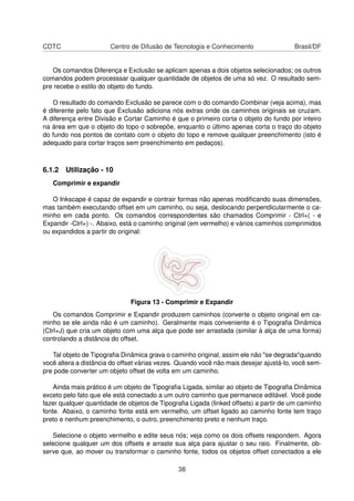 CDTC Centro de Difusão de Tecnologia e Conhecimento Brasil/DF
Os comandos Diferença e Exclusão se aplicam apenas a dois objetos selecionados; os outros
comandos podem processsar qualquer quantidade de objetos de uma só vez. O resultado sem-
pre recebe o estilo do objeto do fundo.
O resultado do comando Exclusão se parece com o do comando Combinar (veja acima), mas
é diferente pelo fato que Exclusão adiciona nós extras onde os caminhos originais se cruzam.
A diferença entre Divisão e Cortar Caminho é que o primeiro corta o objeto do fundo por inteiro
na área em que o objeto do topo o sobrepõe, enquanto o último apenas corta o traço do objeto
do fundo nos pontos de contato com o objeto do topo e remove qualquer preenchimento (isto é
adequado para cortar traços sem preenchimento em pedaços).
6.1.2 Utilização - 10
Comprimir e expandir
O Inkscape é capaz de expandir e contrair formas não apenas modiﬁcando suas dimensões,
mas também executando offset em um caminho, ou seja, deslocando perpendicularmente o ca-
minho em cada ponto. Os comandos correspondentes são chamados Comprimir - Ctrl+( - e
Expandir -Ctrl+) -. Abaixo, está o caminho original (em vermelho) e vários caminhos comprimidos
ou expandidos a partir do original:
Figura 13 - Comprimir e Expandir
Os comandos Comprimir e Expandir produzem caminhos (converte o objeto original em ca-
minho se ele ainda não é um caminho). Geralmente mais conveniente é o Tipograﬁa Dinâmica
(Ctrl+J) que cria um objeto com uma alça que pode ser arrastada (similar à alça de uma forma)
controlando a distância do offset.
Tal objeto de Tipograﬁa Dinâmica grava o caminho original, assim ele não "se degrada"quando
você altera a distância do offset várias vezes. Quando você não mais desejar ajustá-lo, você sem-
pre pode converter um objeto offset de volta em um caminho.
Ainda mais prático é um objeto de Tipograﬁa Ligada, similar ao objeto de Tipograﬁa Dinâmica
exceto pelo fato que ele está conectado a um outro caminho que permanece editável. Você pode
fazer qualquer quantidade de objetos de Tipograﬁa Ligada (linked offsets) a partir de um caminho
fonte. Abaixo, o caminho fonte está em vermelho, um offset ligado ao caminho fonte tem traço
preto e nenhum preenchimento, o outro, preenchimento preto e nenhum traço.
Selecione o objeto vermelho e edite seus nós; veja como os dois offsets respondem. Agora
selecione qualquer um dos offsets e arraste sua alça para ajustar o seu raio. Finalmente, ob-
serve que, ao mover ou transformar o caminho fonte, todos os objetos offset conectados a ele
38
 