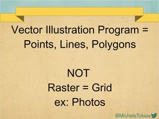 Vector Illustration Program =
Points, Lines, Polygons
NOT
Raster = Grid
ex: Photos
 
