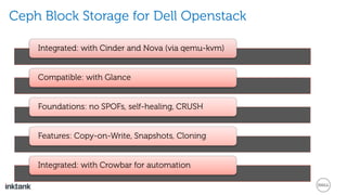 Ceph Block Storage for Dell Openstack
Integrated: with Cinder and Nova (via qemu-kvm)
Compatible: with Glance
Foundations: no SPOFs, self-healing, CRUSH
Features: Copy-on-Write, Snapshots, Cloning
Integrated: with Crowbar for automation
 