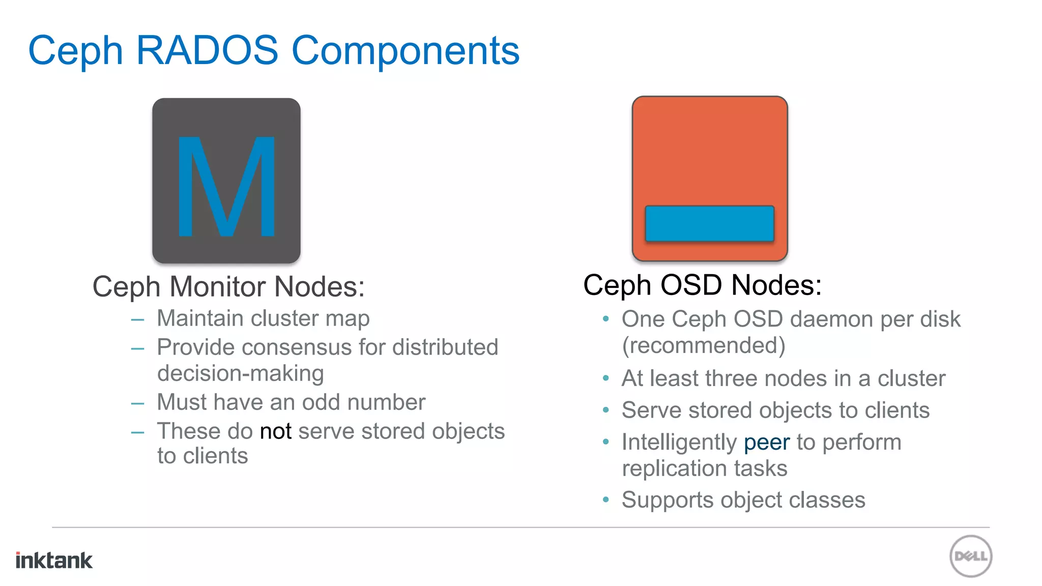 Ceph RADOS Components



       M
  Ceph Monitor Nodes:                      Ceph OSD Nodes:
    –  Maintain cluster map                 •  One Ceph OSD daemon per disk
    –  Provide consensus for distributed       (recommended)
       decision-making                      •  At least three nodes in a cluster
    –  Must have an odd number              •  Serve stored objects to clients
    –  These do not serve stored objects    •  Intelligently peer to perform
       to clients
                                               replication tasks
                                            •  Supports object classes
 