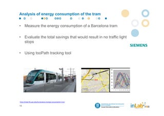 Analysis of energy consumption of the tram


•     Measure the energy consumption of a Barcelona tram

•     Evaluate the total savings that would result in no traffic light
      stops

•     Using tooPath tracking tool




http://inlab.fib.upc.edu/en/analysis‐energy‐consumption‐tram

18
 