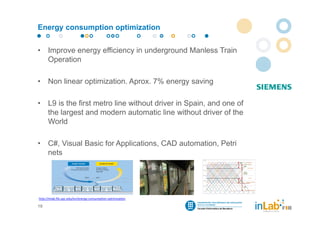 Energy consumption optimization


•     Improve energy efficiency in underground Manless Train
      Operation

•     Non linear optimization. Aprox. 7% energy saving

•     L9 is the first metro line without driver in Spain, and one of
      the largest and modern automatic line without driver of the
      World

•     C#, Visual Basic for Applications, CAD automation, Petri
      nets




http://inlab.fib.upc.edu/en/energy‐consumption‐optimization

19
 