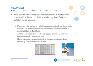 ACA Project


•     Find out whether there was an increase or a decrease in
      consumption based on data provided by the ACA (the
      catalan water agency)

        – Provides information on whether consumption from the supply
          network for domestic use had decreased or increased in 26
          municipalities in Catalonia
        – Analyzes the reasons for the decrease or increase in water
          consumption for domestic use
        – Recommends ways of facilitating the processing of data
          resulting from water rate invoices




http://inlab.fib.upc.edu/en/aca-project

29
 