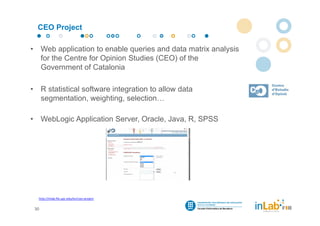 CEO Project

•        Web application to enable queries and data matrix analysis
         for the Centre for Opinion Studies (CEO) of the
         Government of Catalonia

•        R statistical software integration to allow data
         segmentation, weighting, selection…

•        WebLogic Application Server, Oracle, Java, R, SPSS




     http://inlab.fib.upc.edu/en/ceo‐project


    30
 