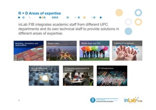 R + D Areas of expertise


inLab FIB integrates academic staff from different UPC
departments and its own technical staff to provide solutions in
different areas of expertise.




4
 