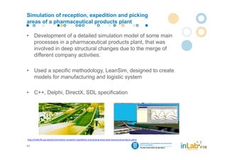 Simulation of reception, expedition and picking
areas of a pharmaceutical products plant

•     Development of a detailed simulation model of some main
      processes in a pharmaceutical products plant, that was
      involved in deep structural changes due to the merge of
      different company activities.

•     Used a specific methodology, LeanSim, designed to create
      models for manufacturing and logistic system

•     C++, Delphi, DirectX, SDL specification




http://inlab.fib.upc.edu/en/simulation‐reception‐expedition‐and‐picking‐areas‐pharmaceutical‐products‐plant

41
 