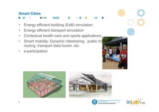 Smart Cities


•   Energy efficient building (EeB) simulation
•   Energy efficient transport simulation
•   Contextual health-care and sports applications
•   Smart mobility: Dynamic ridesharing, public transport
    routing, transport data fusion, etc.
•   e-participation




6
 