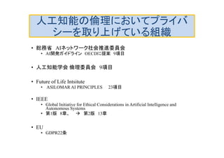 人工知能の倫理においてプライバ
シーを取り上げている組織
• 総務省 AIネットワーク社会推進委員会
• AI開発ガイドライン OECDに提案 9項目
• 人工知能学会 倫理委員会 9項目
• Future of Life Intsitute
...