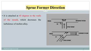 Sprue Former Direction
• It is attached at 45 degrees to the walls
of the mould, which decreases the
turbulence of molten alloy.
10
9
Charbeneau page no 351-359
109
 