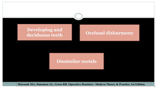 Developing and
deciduous teeth Occlusal disharmony
Dissimilar metals
Marzouk MA, Simonton AL, Gross RD. Operative Dentistry- Modern Theory & Practice, 1st Edition.
16
 