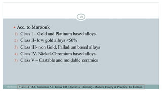  Acc. to Marzouk
1) Class I – Gold and Platinum based alloys
2) Class II- low gold alloys <50%
3) Class III- non Gold, Palladium based alloys
4) Class IV- Nickel-Chromium based alloys
5) Class V – Castable and moldable ceramics
Marzouk MA, Simonton AL, Gross RD. Operative Dentistry- Modern Theory & Practice, 1st Edition.
Charbeneau page no 351-359
21
 