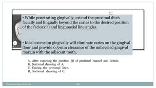 A, After exposing the junction (j) of proximal enamel and dentin.
B, Sectional drawing of A.
C, Cutting the proximal ditch.
D, Sectional drawing of C.
• While penetrating gingivally, extend the proximal ditch
facially and lingually beyond the caries to the desired position
of the facioaxial and linguoaxial line angles.
• Ideal extension gingivally will eliminate caries on the gingival
floor and provide 0.5-mm clearance of the unbeveled gingival
margin with the adjacent tooth.
Charbeneau page no 351-359 60
 