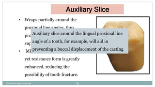 • Wraps partially around the
proximal line angles, thus
providing additional tooth
support.
• Minimal bulk of tissue is lost,
yet resistance form is greatly
enhanced, reducing the
possibility of tooth fracture.
Auxiliary Slice
Auxiliary slice around the lingual proximal line
angle of a tooth, for example, will aid in
preventing a buccal displacement of the casting.
Charbeneau page no 351-359 93
 