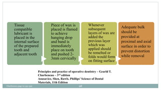 Tissue
compatible
lubricant is
placed in the
internal surface
of the prepared
tooth and
adjacent tooth
Piece of wax is
placed is flamed
to achieve
hanging drop
and band is
immediately
place on tooth
and pushed 2-
3mm cervically
Whenever
subsequent
layers of wax are
added the
previous layer
which was
applied should
be remelted or
folds would form
on fitting surface
Adequate bulk
should be
provided at
proximal and axial
surface in order to
prevent distortion
while removal
Principles and practice of operative dentistry – Gearld T.
Charbeneau – 3rd edition
Anusavice, Shen, Rawls. Phillips’ Science of Dental
Materials, 11th Edition
Charbeneau page no 351-359 98
 
