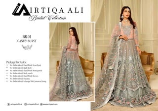 Package Includes:
•	 Net Embroidered Hand Work Front Body
•	 Net Embroidered Back Body
•	 Net Embroidered Hand Work Front panels
•	 Net Embroidered Back panels
•	 Net Embroidered Hand Work Sleeves
•	 Net Embroidered Dupatta
•	 Net Embroidered Lehenga With Jamawar Lining
CANDY BURST
BR-01
 