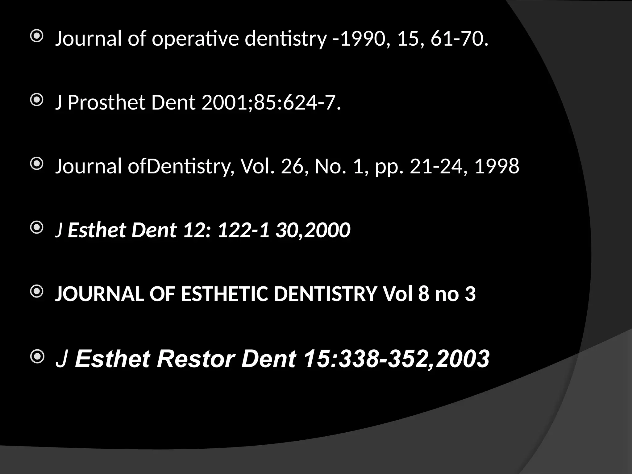  Journal of operative dentistry -1990, 15, 61-70.
 J Prosthet Dent 2001;85:624-7.
 Journal ofDentistry, Vol. 26, No. 1, pp. 21-24, 1998
 J Esthet Dent 12: 122-1 30,2000
 JOURNAL OF ESTHETIC DENTISTRY Vol 8 no 3
 J Esthet Restor Dent 15:338-352,2003
 
