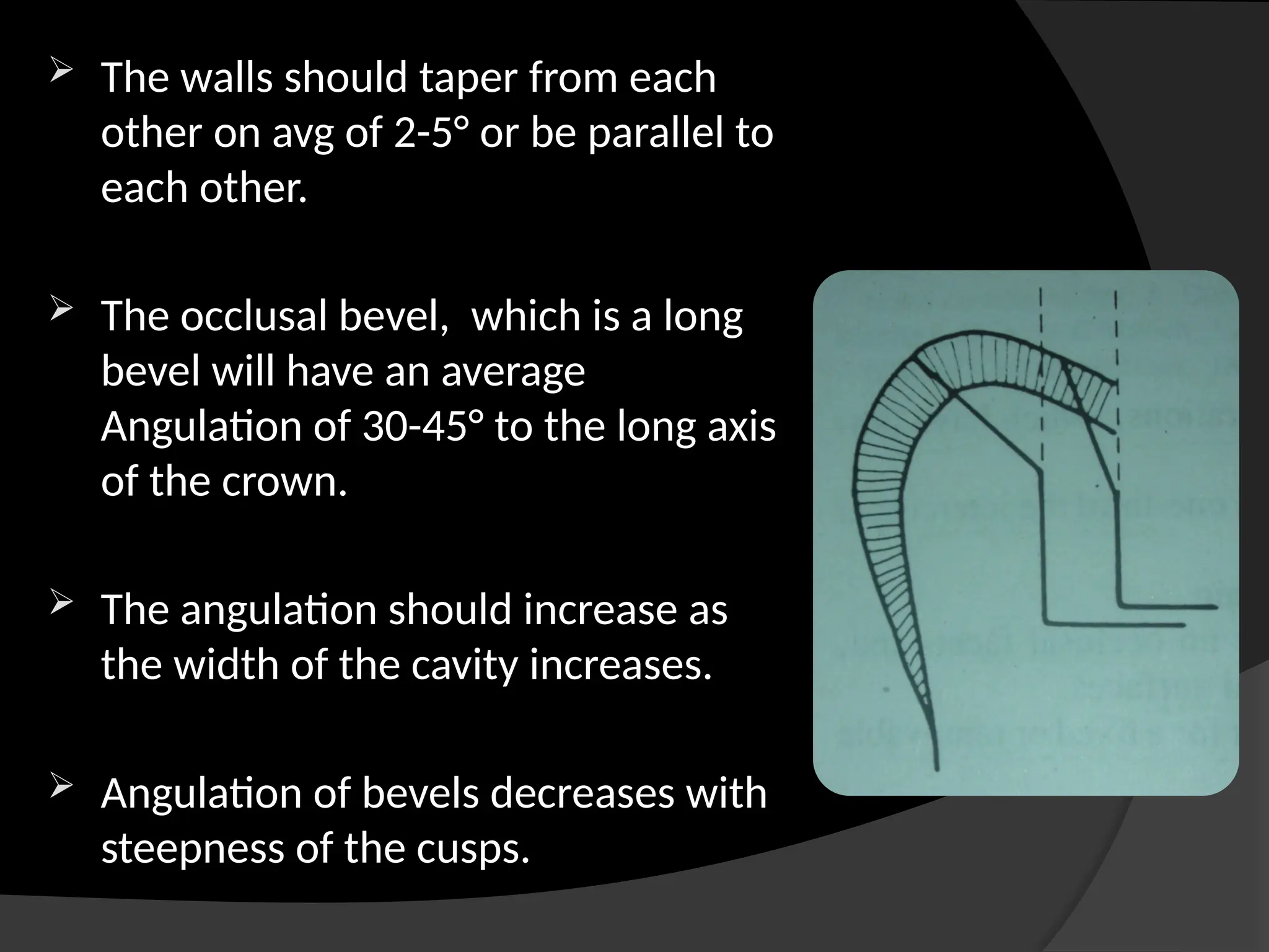  The walls should taper from each
other on avg of 2-5° or be parallel to
each other.
 The occlusal bevel, which is a long
bevel will have an average
Angulation of 30-45° to the long axis
of the crown.
 The angulation should increase as
the width of the cavity increases.
 Angulation of bevels decreases with
steepness of the cusps.
 