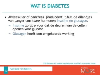 WAT IS DIABETES
10
Fysiologie van diabetes
• Alvleesklier of pancreas produceert t.h.v. de eilandjes
van Langerhans twee hormonen insuline en glucagon.
− Insuline zorgt ervoor dat de deuren van de cellen
openen voor glucose
− Glucagon heeft een omgekeerde werking
 