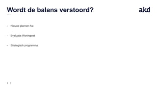 4
Wordt de balans verstoord?
- Nieuwe plannen Aw
- Evaluatie Woningwet
- Strategisch programma
 