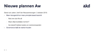 6
Nieuwe plannen Aw
Stand van zaken, brief Van Nieuwamerongen: 3 oktober 2019:
- Meer risicogericht en meer principle-based toezicht
- Niet one size fits all
- Maar altijd duidelijke normen?
- Aw belooft heldere kaders en randvoorwaarden
- Governance blijft de nadruk houden
 