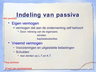 Indeling van passiva Eigen vermogen = vermogen dat aan de onderneming zelf behoort Door: inbreng van de eigenaars winsten kapitaalsubsidies Vreemd vermogen Voorzieningen en uitgestelde belastingen Schulden Aan derden op L.T.en K.T. Niet opeisbaar Vlug opeisbaar Graad van opeisbaarheid 