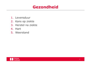 Gezondheid

1.   Levensduur
2.   Kans op ziekte
3.   Herstel na ziekte
4.   Hart
5.   Weerstand




                               27
 
