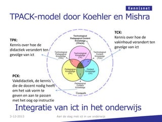 TPACK-model door Koehler en Mishra
TCK:
Kennis over hoe de
vakinhoud verandert ten
gevolge van ict

TPK:
Kennis over hoe de
didactiek verandert ten
gevolge van ict

PCK:
Vakdidactiek, de kennis
die de docent nodig heeft
om het vak vorm te
geven en aan te passen
met het oog op instructie

Integratie van ict in het onderwijs

3-12-2013

Aan de slag met ict in uw onderwijs

 