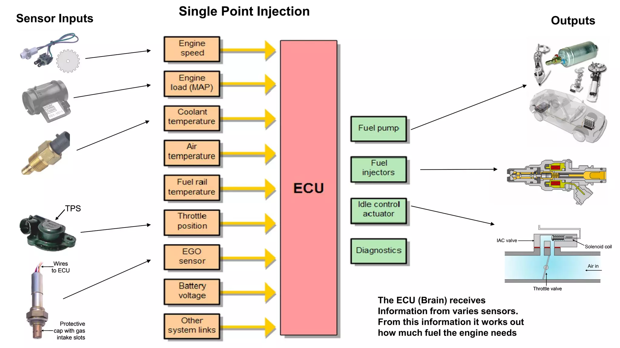 Protective
cap with gas
intake slots
Wires
to ECU
Protective
cap with gas
intake slots
Wires
to ECU
Reference
voltage
Engine coolant
temperature sensor
+V
V
0V

Reference
voltage
Reference
voltage
Engine coolant
temperature sensor
+V
V
0V

+5V
0V
TPS
+5V
0V
TPSTPS ECU
IAC valve
Throttle valve
Air in
Solenoid coil
ECU
IAC valve
Throttle valve
Air in
Solenoid coil
The ECU (Brain) receives
Information from varies sensors.
From this information it works out
how much fuel the engine needs
Outputs
Single Point Injection
Sensor Inputs
 