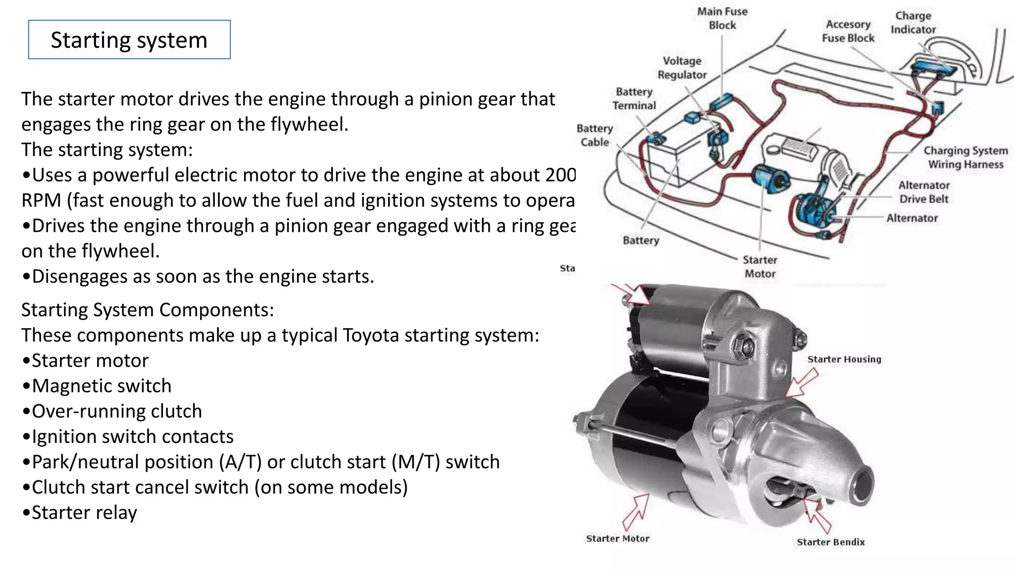 Starting system
The starter motor drives the engine through a pinion gear that
engages the ring gear on the flywheel.
The starting system:
•Uses a powerful electric motor to drive the engine at about 200
RPM (fast enough to allow the fuel and ignition systems to operate).
•Drives the engine through a pinion gear engaged with a ring gear
on the flywheel.
•Disengages as soon as the engine starts.
Starting System Components:
These components make up a typical Toyota starting system:
•Starter motor
•Magnetic switch
•Over-running clutch
•Ignition switch contacts
•Park/neutral position (A/T) or clutch start (M/T) switch
•Clutch start cancel switch (on some models)
•Starter relay
 