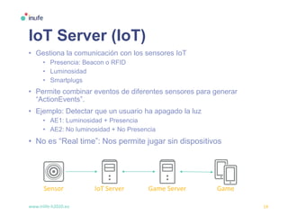 www.inlife-h2020.eu 14
IoT Server (IoT)
• Gestiona la comunicación con los sensores IoT
• Presencia: Beacon o RFID
• Luminosidad
• Smartplugs
• Permite combinar eventos de diferentes sensores para generar
“ActionEvents”.
• Ejemplo: Detectar que un usuario ha apagado la luz
• AE1: Luminosidad + Presencia
• AE2: No luminosidad + No Presencia
• No es “Real time”: Nos permite jugar sin dispositivos
Sensor IoT Server Game Server Game
 