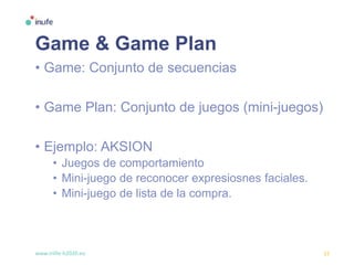 www.inlife-h2020.eu 21
Game & Game Plan
• Game: Conjunto de secuencias
• Game Plan: Conjunto de juegos (mini-juegos)
• Ejemplo: AKSION
• Juegos de comportamiento
• Mini-juego de reconocer expresiosnes faciales.
• Mini-juego de lista de la compra.
 