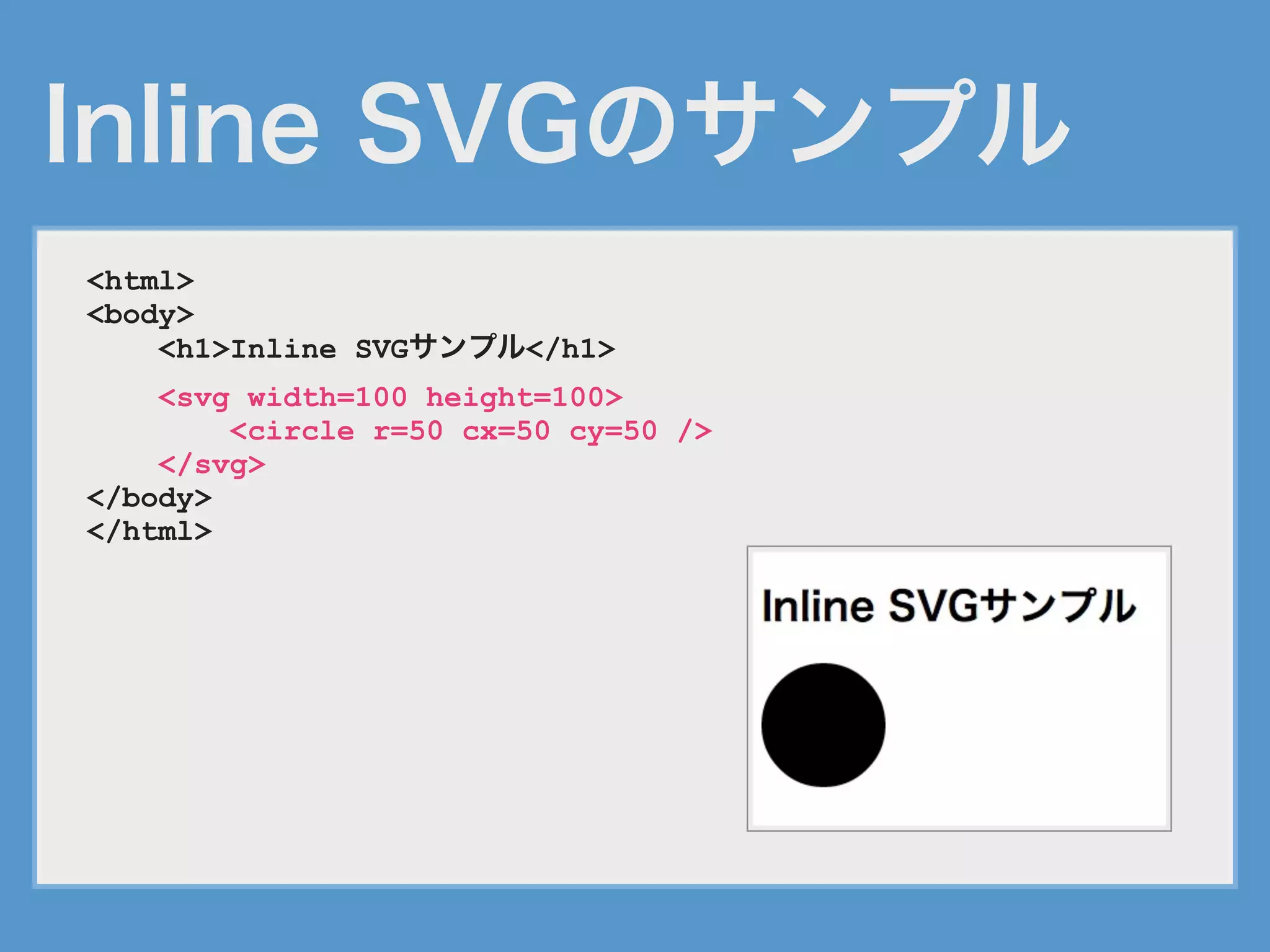 Inline SVGのサンプル
<html>
<body>
<h1>Inline SVGサンプル</h1>
<svg width=100 height=100>
<circle r=50 cx=50 cy=50 />
</svg>
</body>
</html>
 