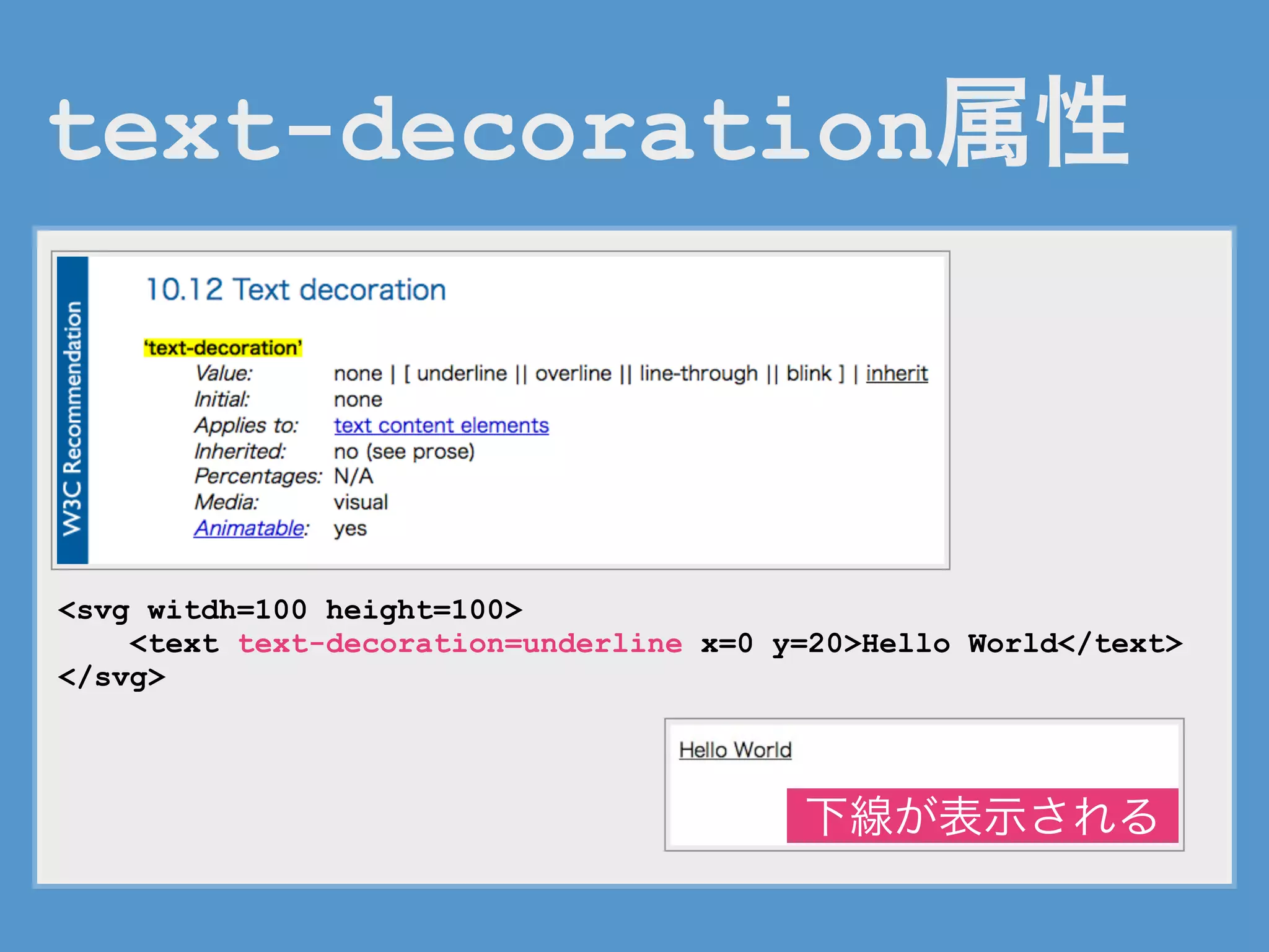 text-decoration属性
<svg witdh=100 height=100>
<text text-decoration=underline x=0 y=20>Hello World</text>
</svg>
下線が表示される
 