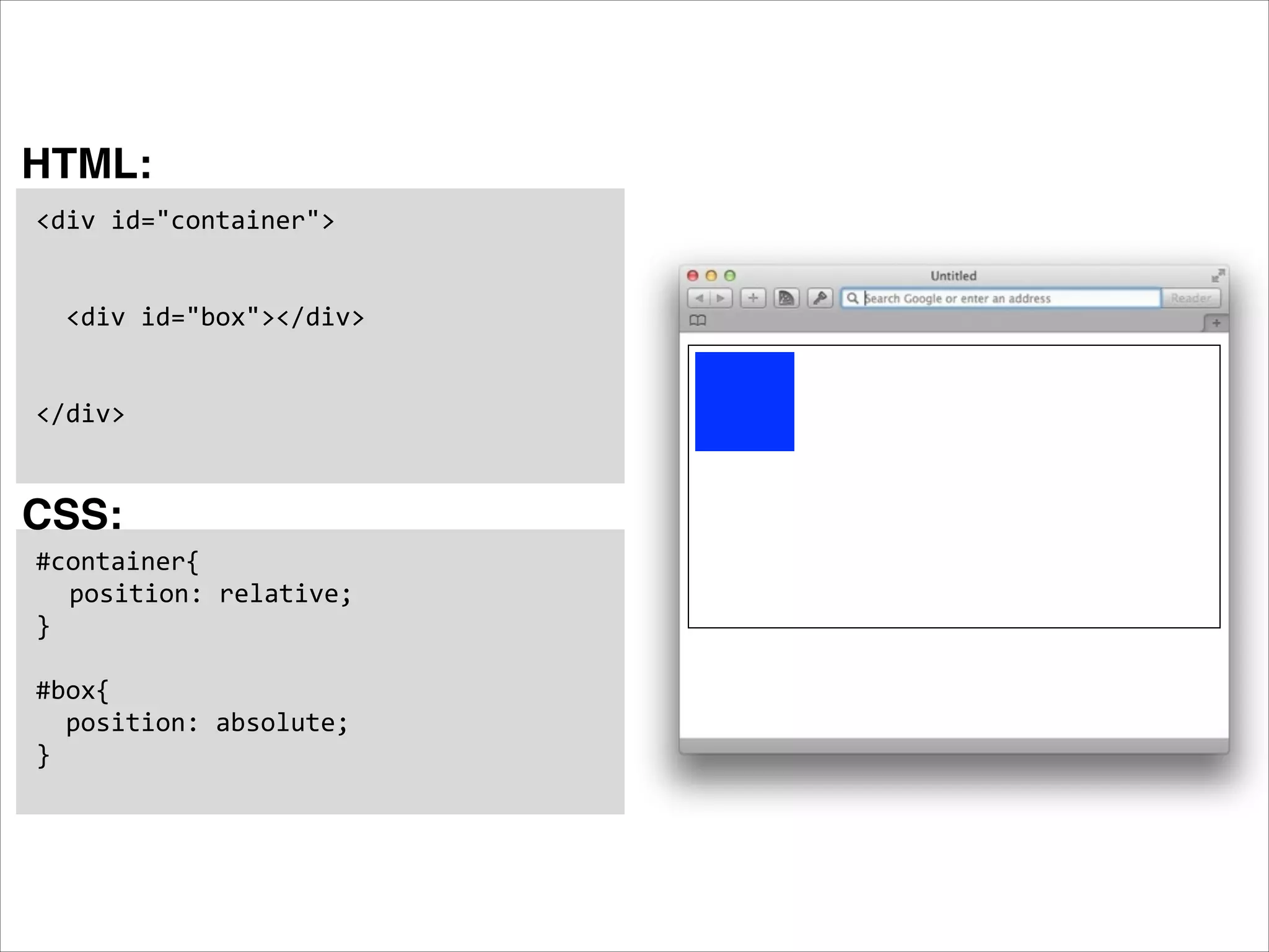 HTML: <div  id="container">   !        <div  id="box"></div>   ! ! </div> CSS: #container{   position:  relative;   }   ! #box{      position:  absolute;   } 