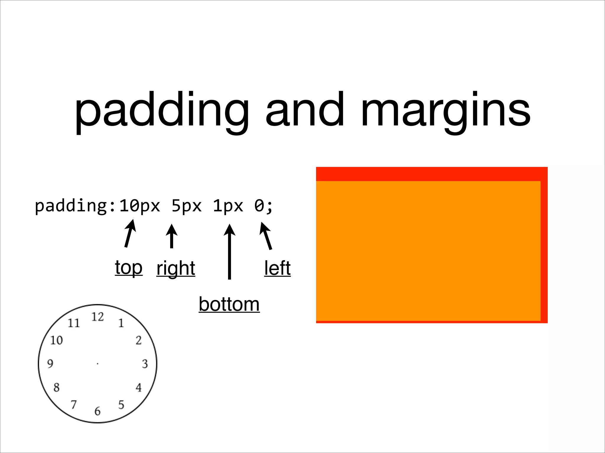 padding and margins padding:10px  5px  1px  0; top right left bottom 