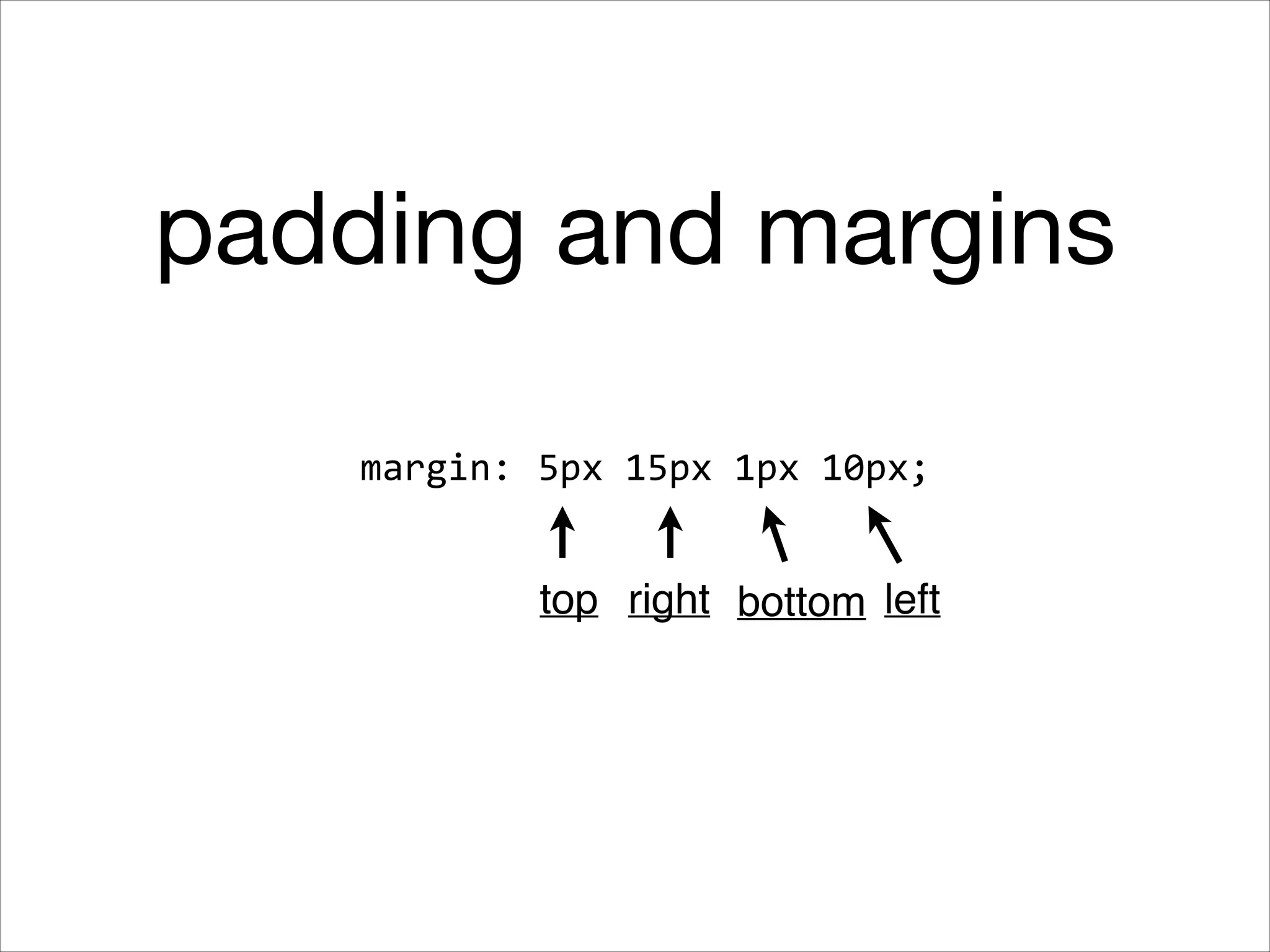 padding and margins margin: 5px  15px  1px  10px; top right bottom left 