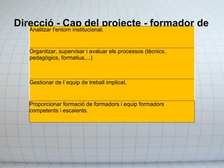Direcció - Cap del projecte - formador de formadors. Analitzar l'entorn institucional. Organitzar, supervisar i avaluar els processos (tècnics, pedagògics, formatius,...) Gestionar de l´equip de treball implicat. Proporcionar formació de formadors i equip formadors competents i escaients. 
