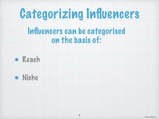 Categorizing Inﬂuencers
Reach
Niche
4
Kavita Gupta
Inﬂuencers can be categorised
on the basis of:
 
