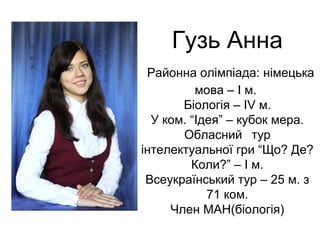 Гузь Анна 
Районна олімпіада: німецька 
мова – І м. 
Біологія – ІV м. 
У ком. “Ідея” – кубок мера. 
Обласний тур 
інтелектуальної гри “Що? Де? 
Коли?” – І м. 
Всеукраїнський тур – 25 м. з 
71 ком. 
Член МАН(біологія) 
 