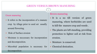 GREEN VERSUS BROWN MANURING
40
Green manuring
 It refers to the incorporation of a manure
crop by tillage prior to seed set usually
around flowering.
 Risk of Surface erosion
 Moisture is neccessary for incorporation
and decomposition.
 Microbial population is necessary for
decomposition
Brown manuring
 It is a no till version of green
manuring, where herbicides are used
to kill the manure crop and weeds .
 The plants are left standing, providing
protection to lighter soil at risk from
erosion.
 Moisture is conserved.
 Chemical desication.
 